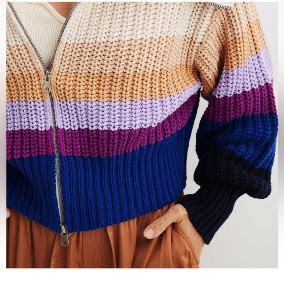 Aerie Colorblock Striped Double Zip Chunky Knit Sweater multi-color designs XL. - Picture 2 of 10